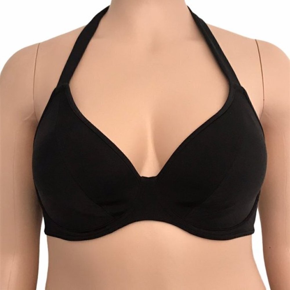 Freya Remix Plunge Halter Black Bikini Top 34D Underwire Bra Sized Swimwear NWT